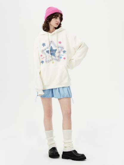 Denim Star Applique Embroidery Hoodie
