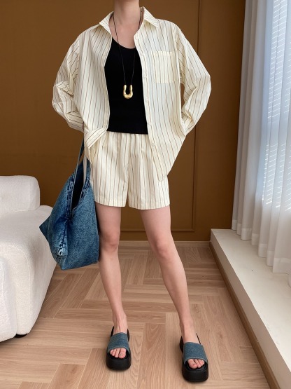 Vertical Striped Shirt Shorts Sunscreen Two-piece Set