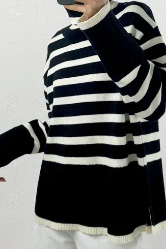 White Roll Neck Striped Ribbed Pullover Sweater