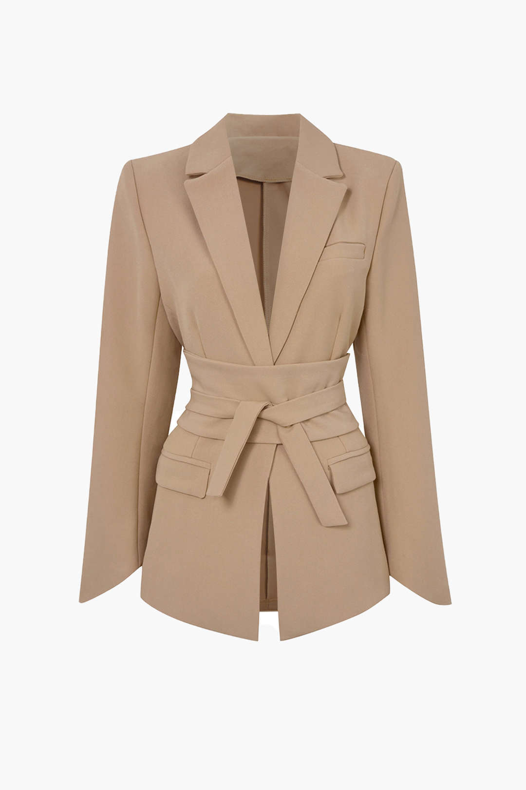 Basic Solid Notched Lapel Belted Blazer