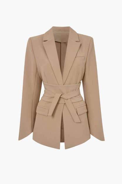 Basic Solid Notched Lapel Belted Blazer