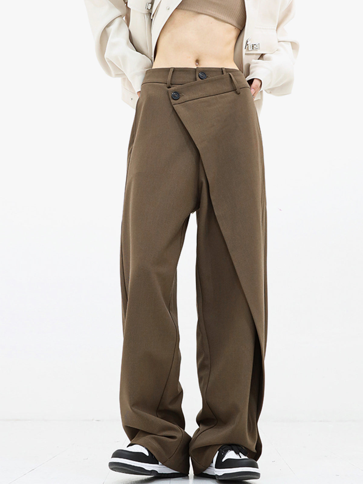 Asymmetrical Layer Button Wide Leg Dress Pants-J.ING