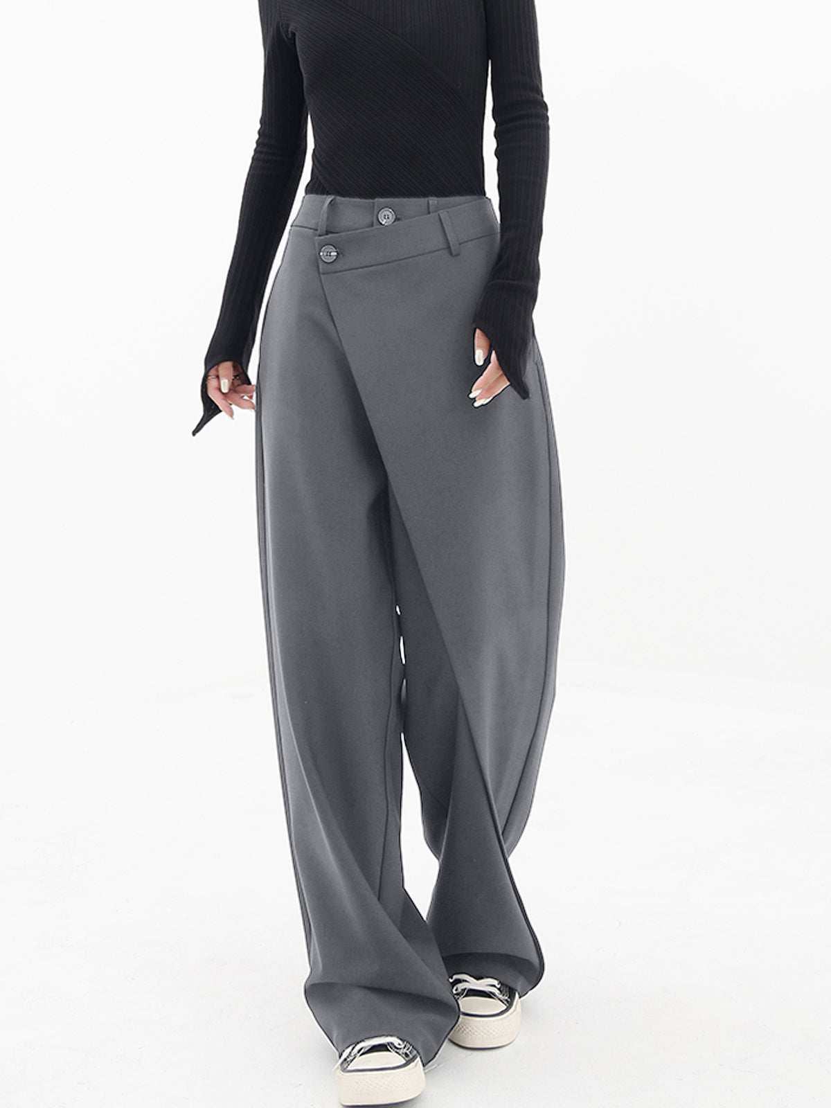 Asymmetrical Layer Button Wide Leg Dress Pants-J.ING