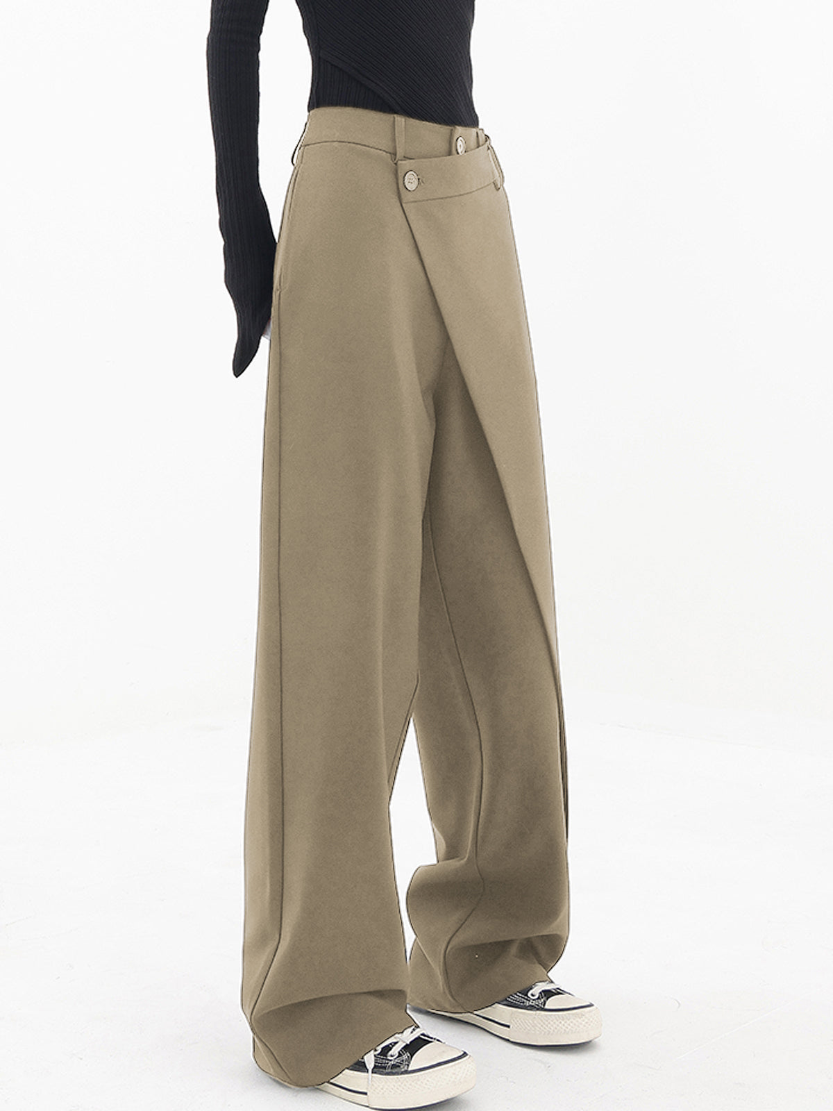 Asymmetrical Layer Button Wide Leg Pants