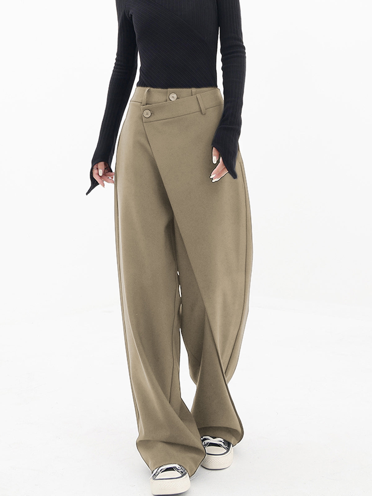 Asymmetrical Layer Button Wide Leg Dress Pants-J.ING