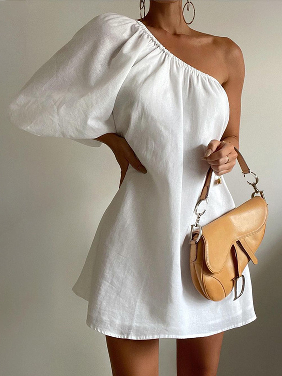 Aegean Cotton Linen One Sleeve Short Dress