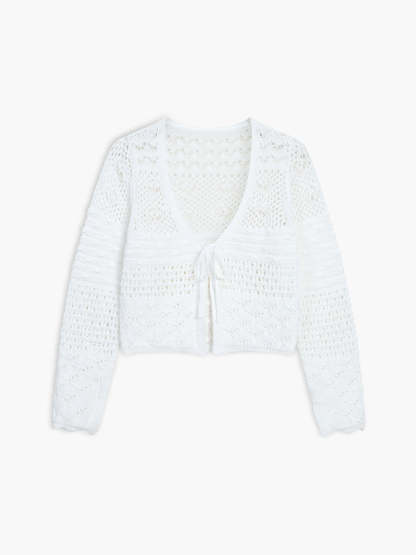 Snowflake Eyelet Crochet Tied Crop Cardigan