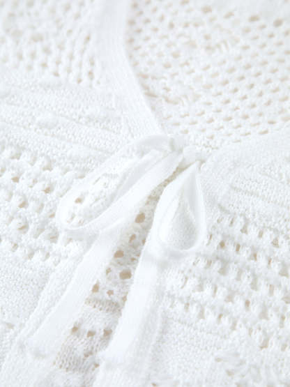 Snowflake Eyelet Crochet Tied Crop Cardigan