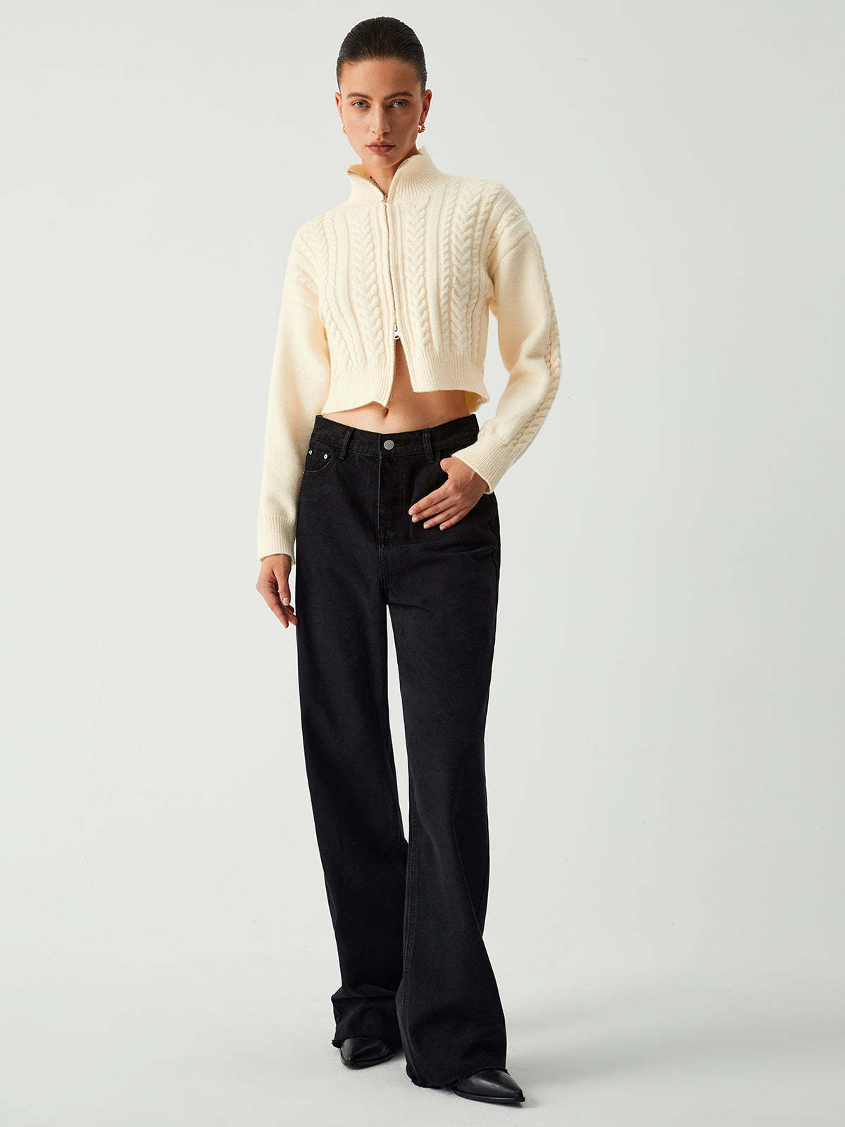 Cable Knit Two Way Zip Crop Cardigan