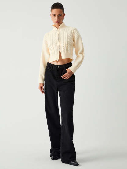 Cable Knit Two Way Zip Crop Cardigan