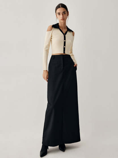 Colorblock Open Collar Cutout Crop Long Sleeve Top