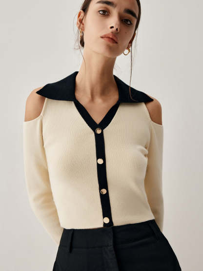Colorblock Open Collar Cutout Crop Long Sleeve Top