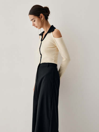 Colorblock Open Collar Cutout Crop Long Sleeve Top