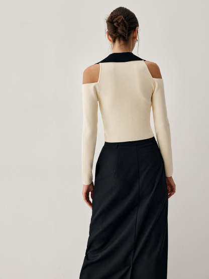 Colorblock Open Collar Cutout Crop Long Sleeve Top
