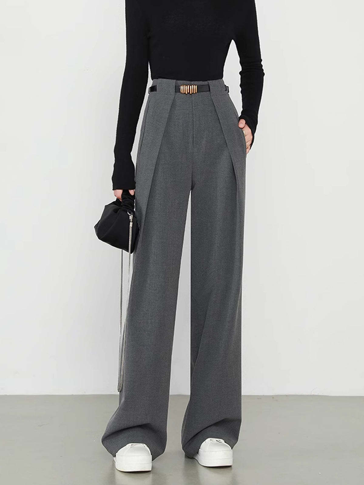Middle Waist Solid Pocket Straight Leg Pants-J.ING