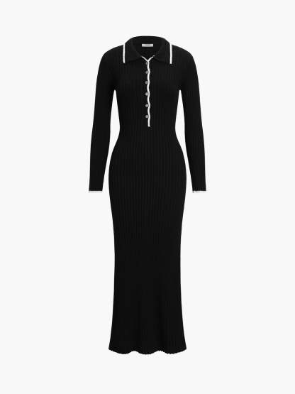 Creamy Flatwhite Contrast Trim Long Sweater Dress