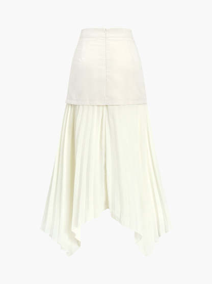 Patchwork Asymmetrical Pleated Buttoned Midi Skirt