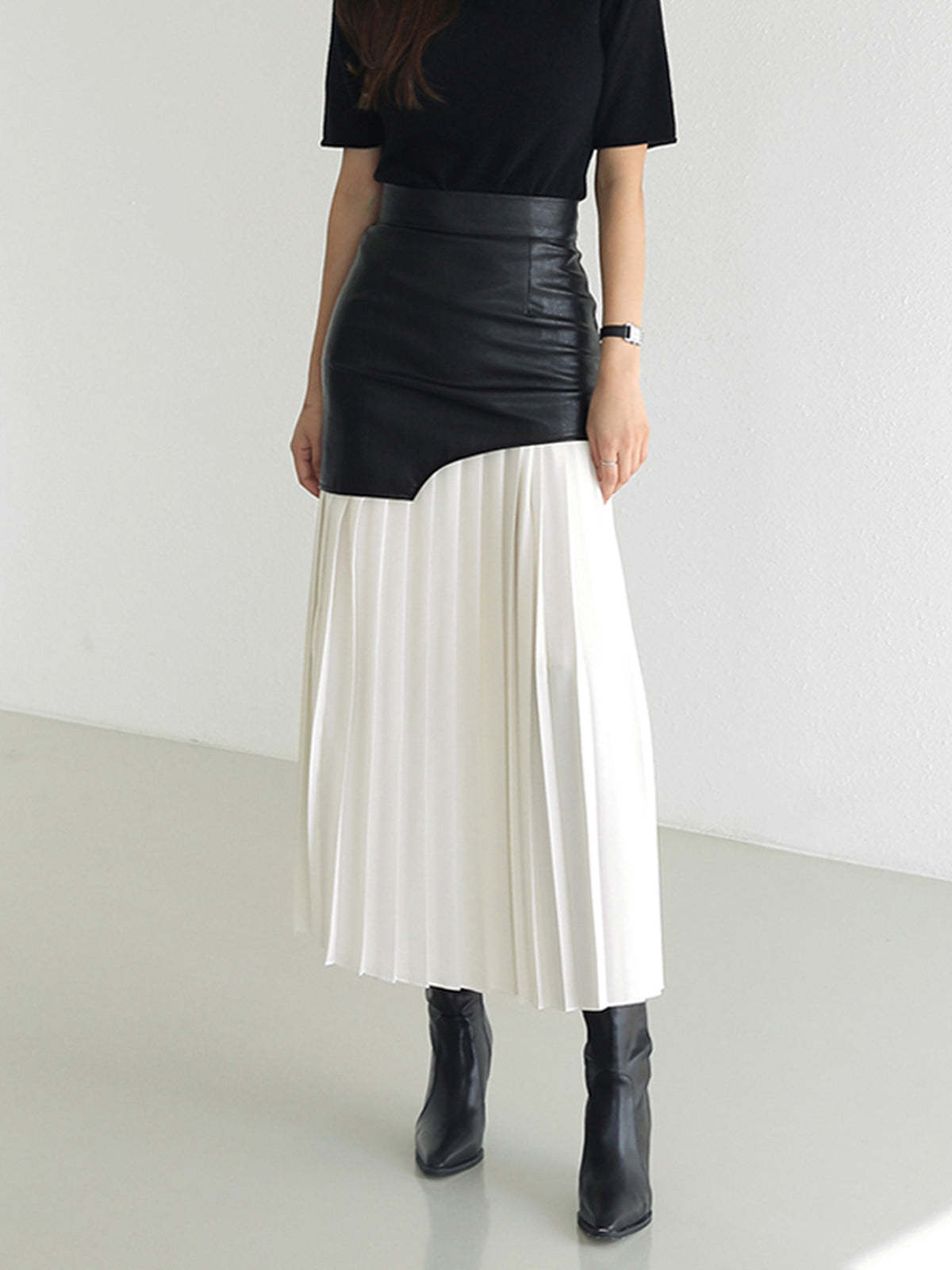Asymmetric Patchwork Faux Leather Chiffon Pleated Midi Skirt-J.ING