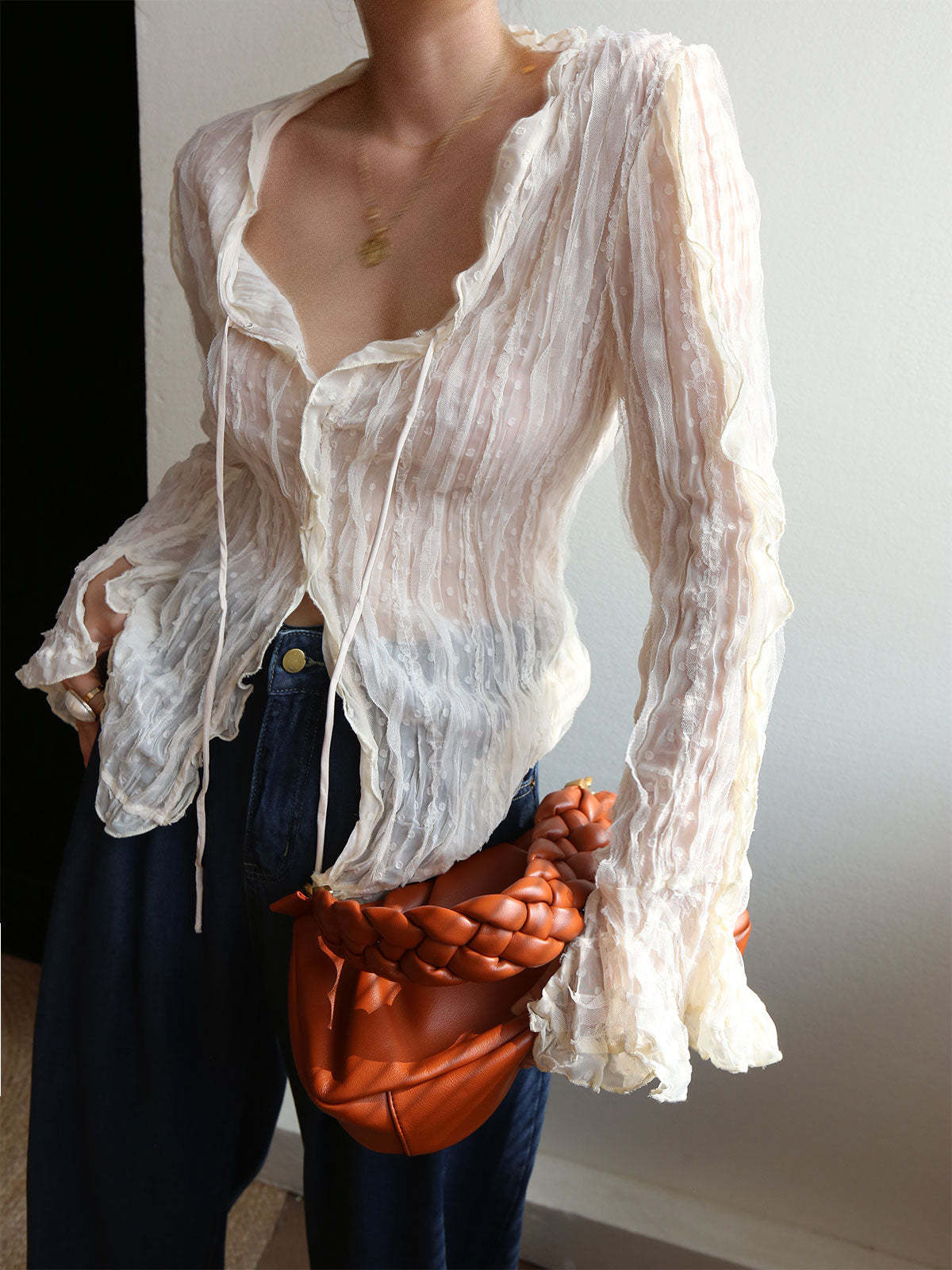 Chiffon Sheer Lettuce Trim Long Sleeve Shirt-J.ING