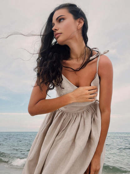 Backless Cotton Linen Lace Up Midi Dress