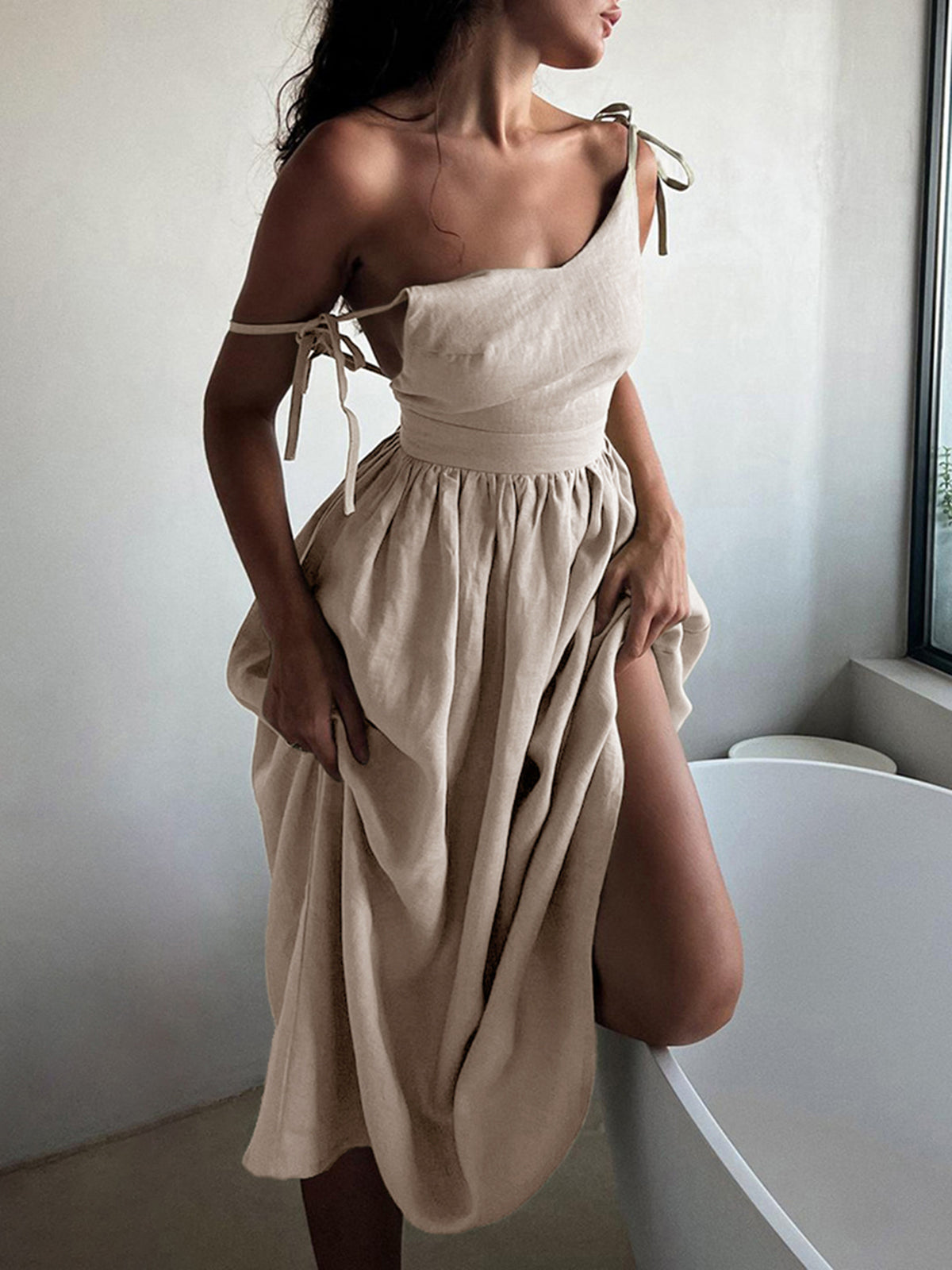 Backless Cotton Linen Lace Up Midi Dress