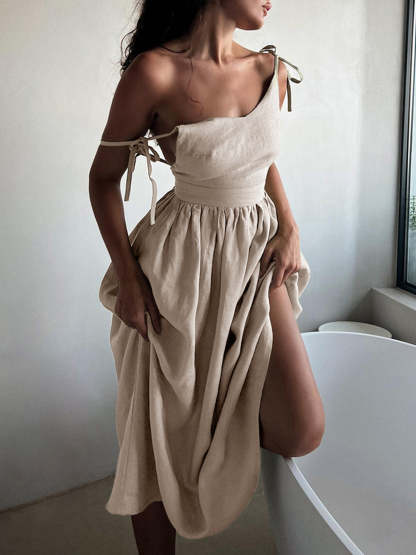 Backless Cotton Linen Lace Up Midi Dress