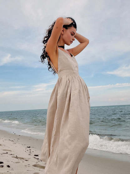 Backless Cotton Linen Lace Up Midi Dress