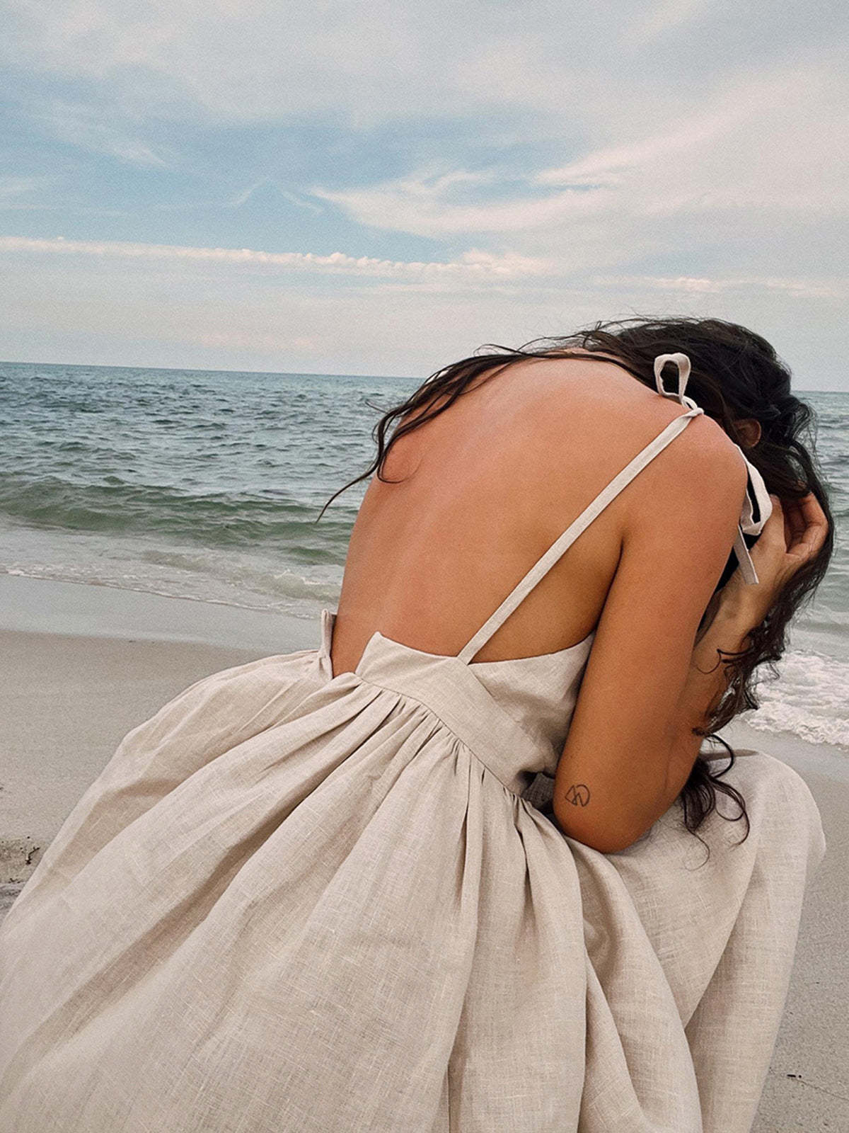 Backless Cotton Linen Lace Up Midi Dress