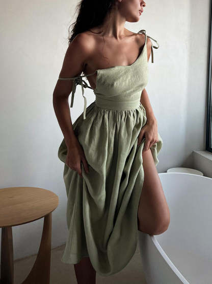 Backless Cotton Linen Lace Up Midi Dress
