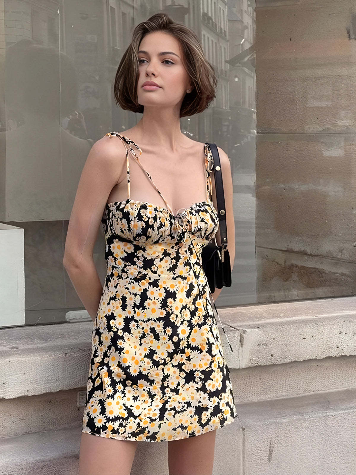 Daisy Printed Tie Up Short Dress