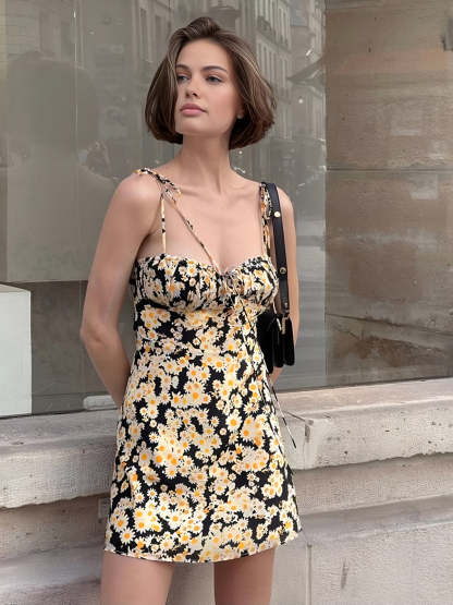 Daisy Printed Tie Up Short Dress