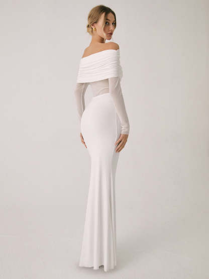 Overfold Off-Shoulder Mesh Long Sleeve Long Dress
