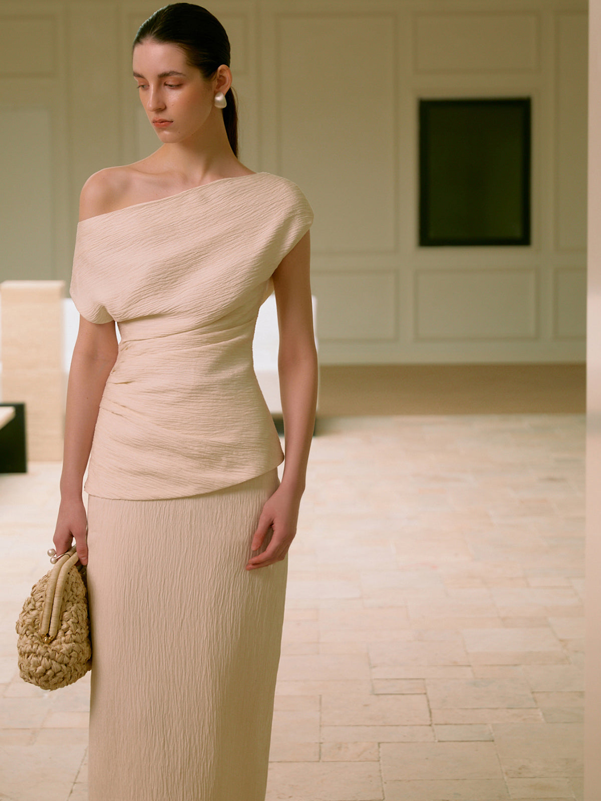 Asymmetrical Neck One Shoulder Off Pleated T-Shirt and skirt set