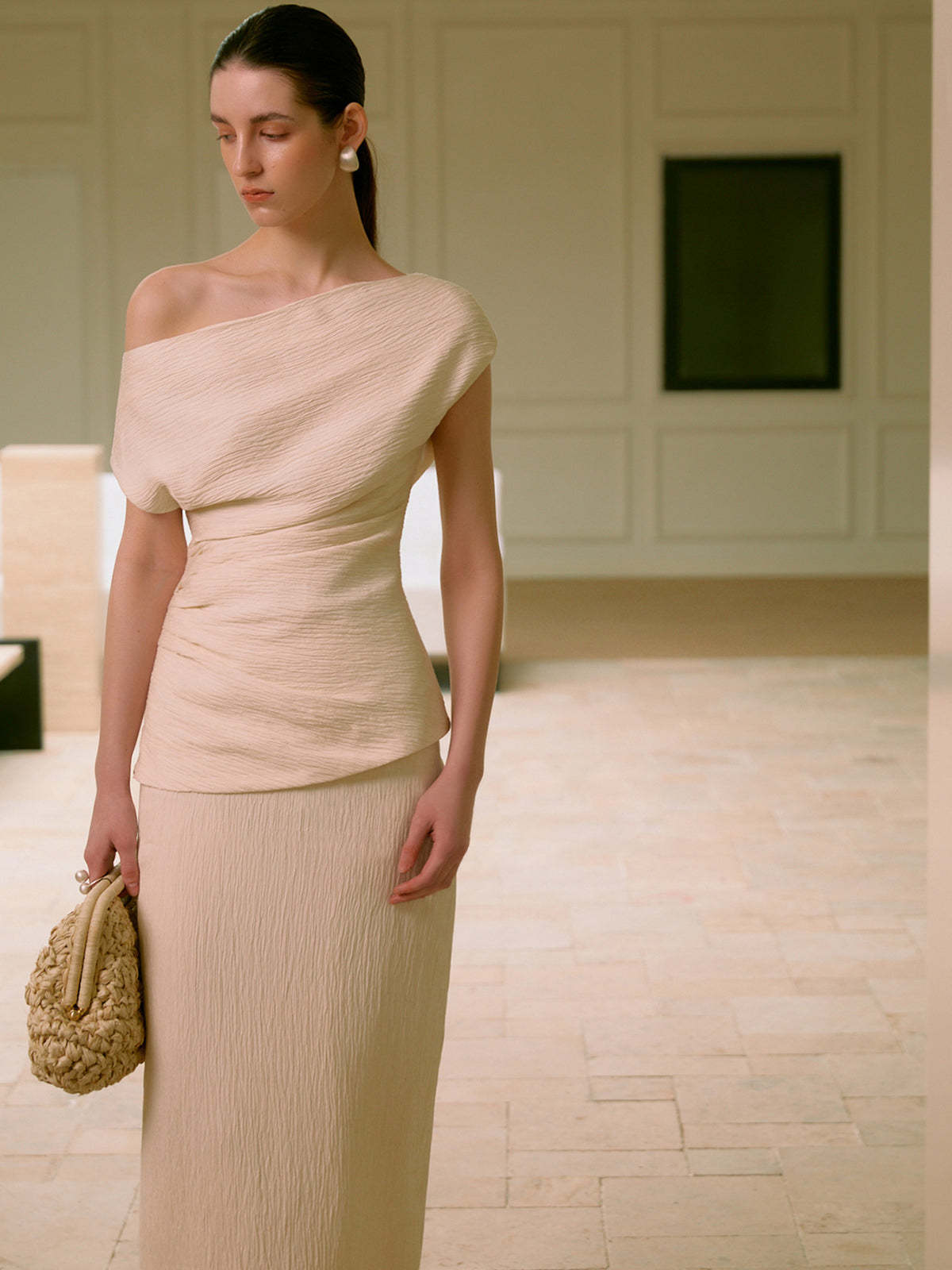 Asymmetrical Neck One Shoulder Off Pleated T-Shirt and skirt set