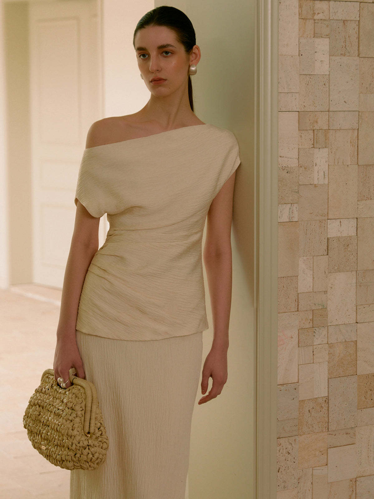 Asymmetrical Neck One Shoulder Off Pleated T-Shirt and skirt set