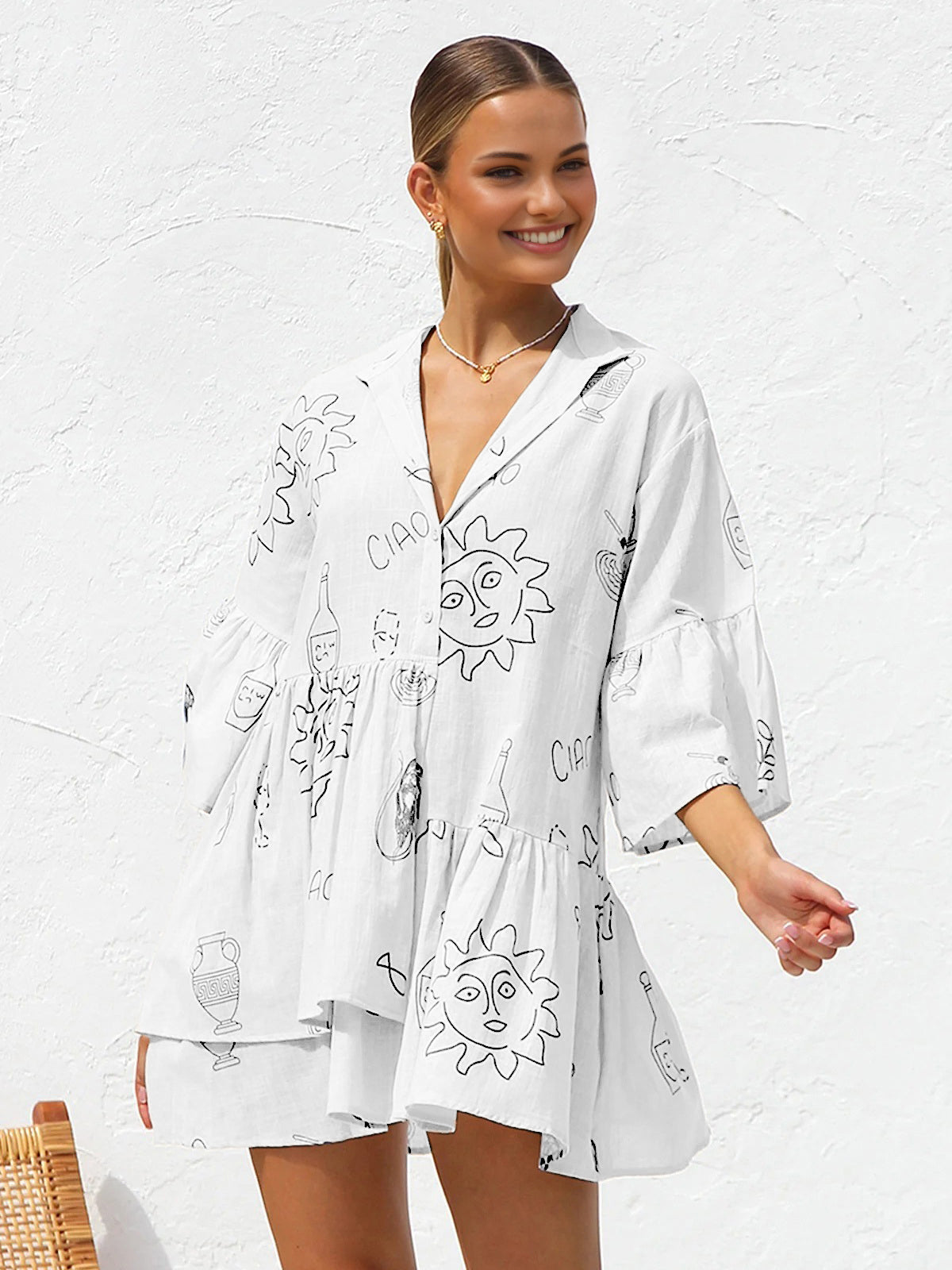 Oversized Sun Print Short Dress-J.ING