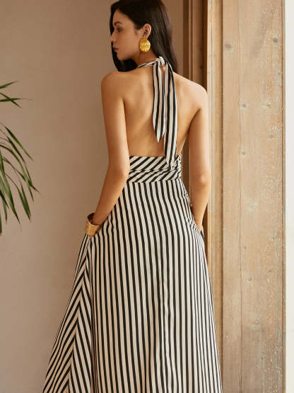 Stripe Backless Pockets Dress