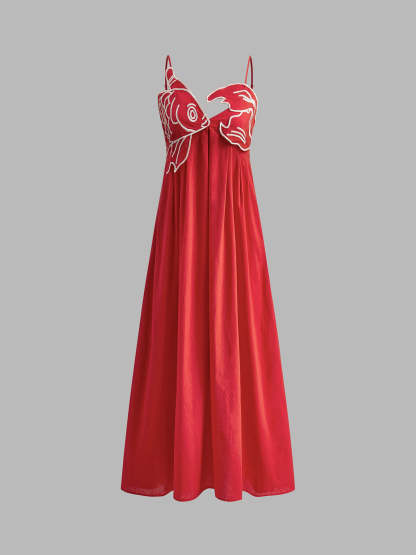 Embroidered Fish Spaghetti Strap Midi Dress