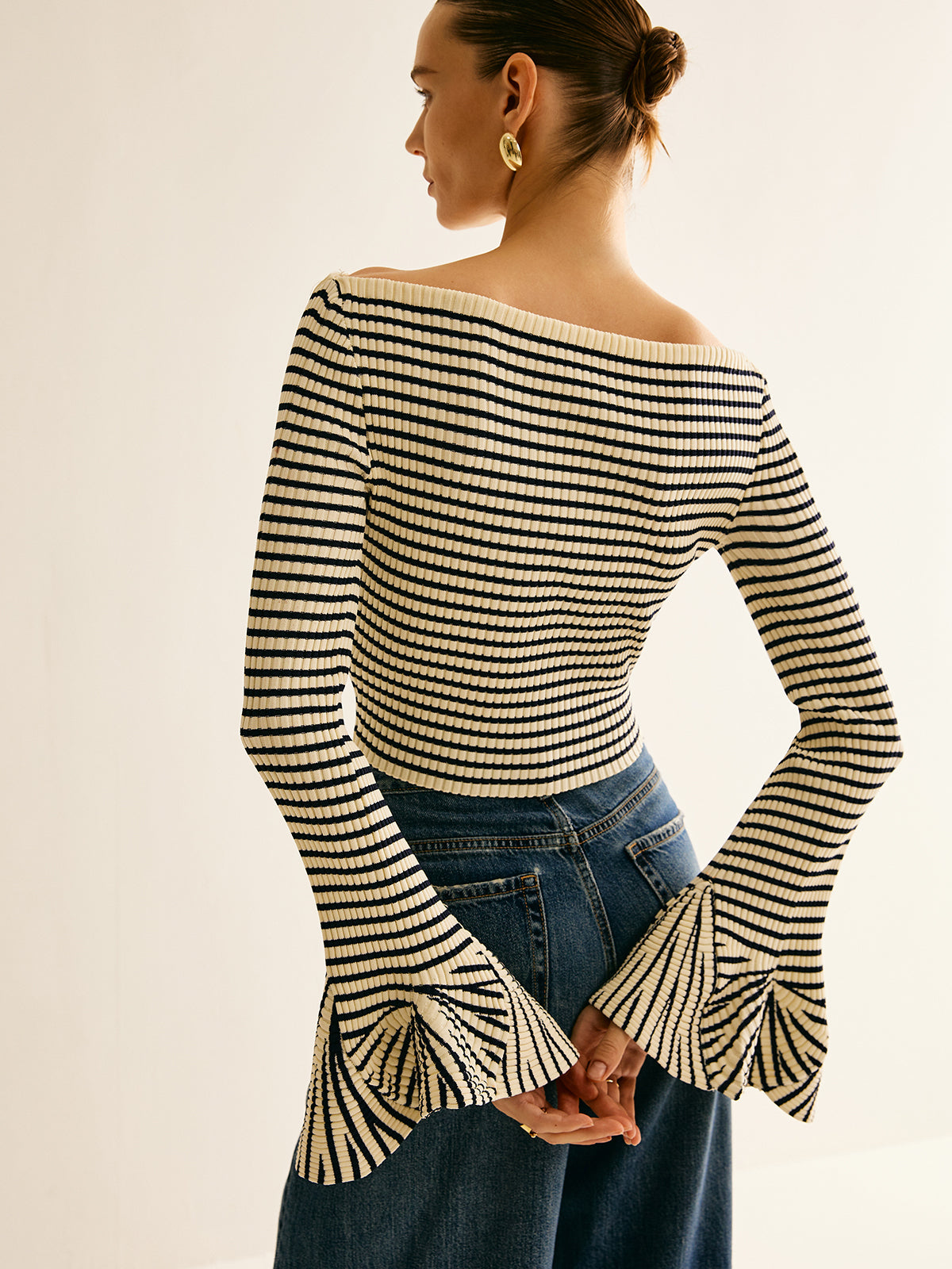 Cold-Shoulder Striped Ruffle-Sleeve Cardigan