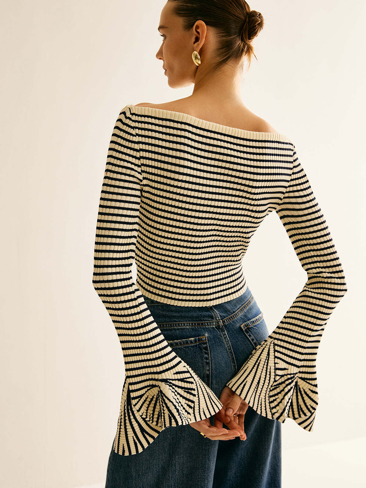 Cold-Shoulder Striped Ruffle-Sleeve Cardigan