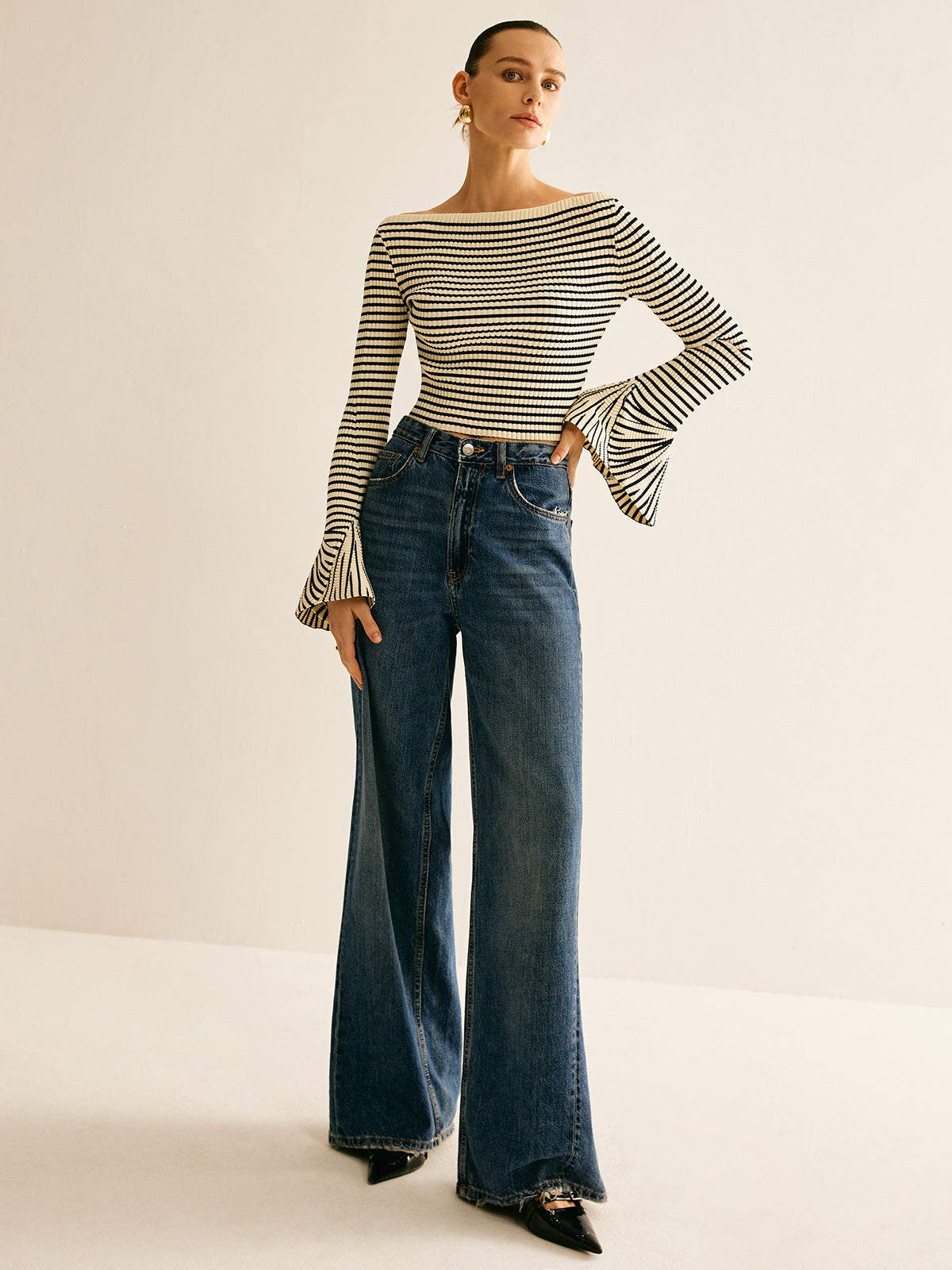 Cold-Shoulder Striped Ruffle-Sleeve Cardigan