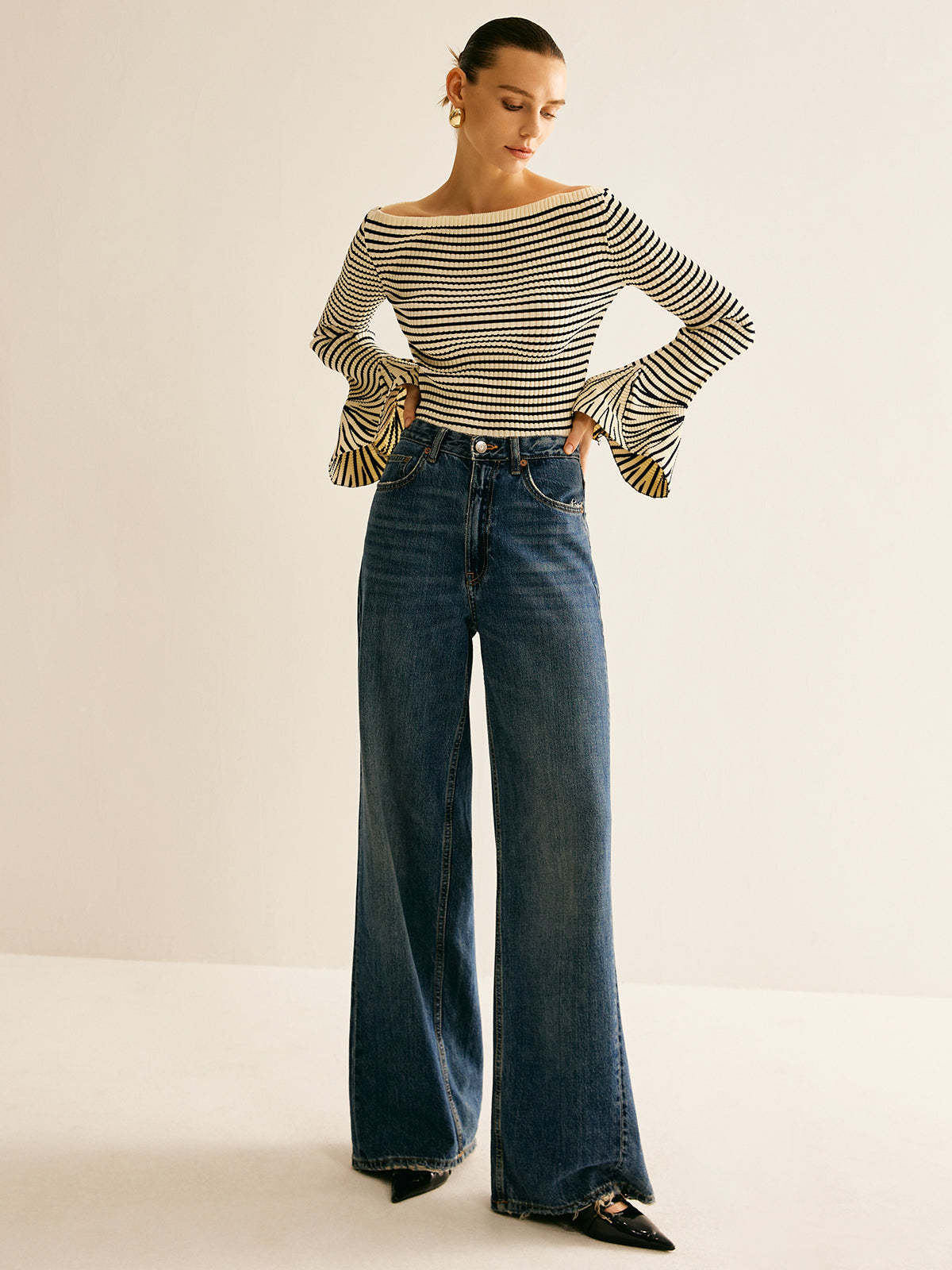 Cold-Shoulder Striped Ruffle-Sleeve Cardigan