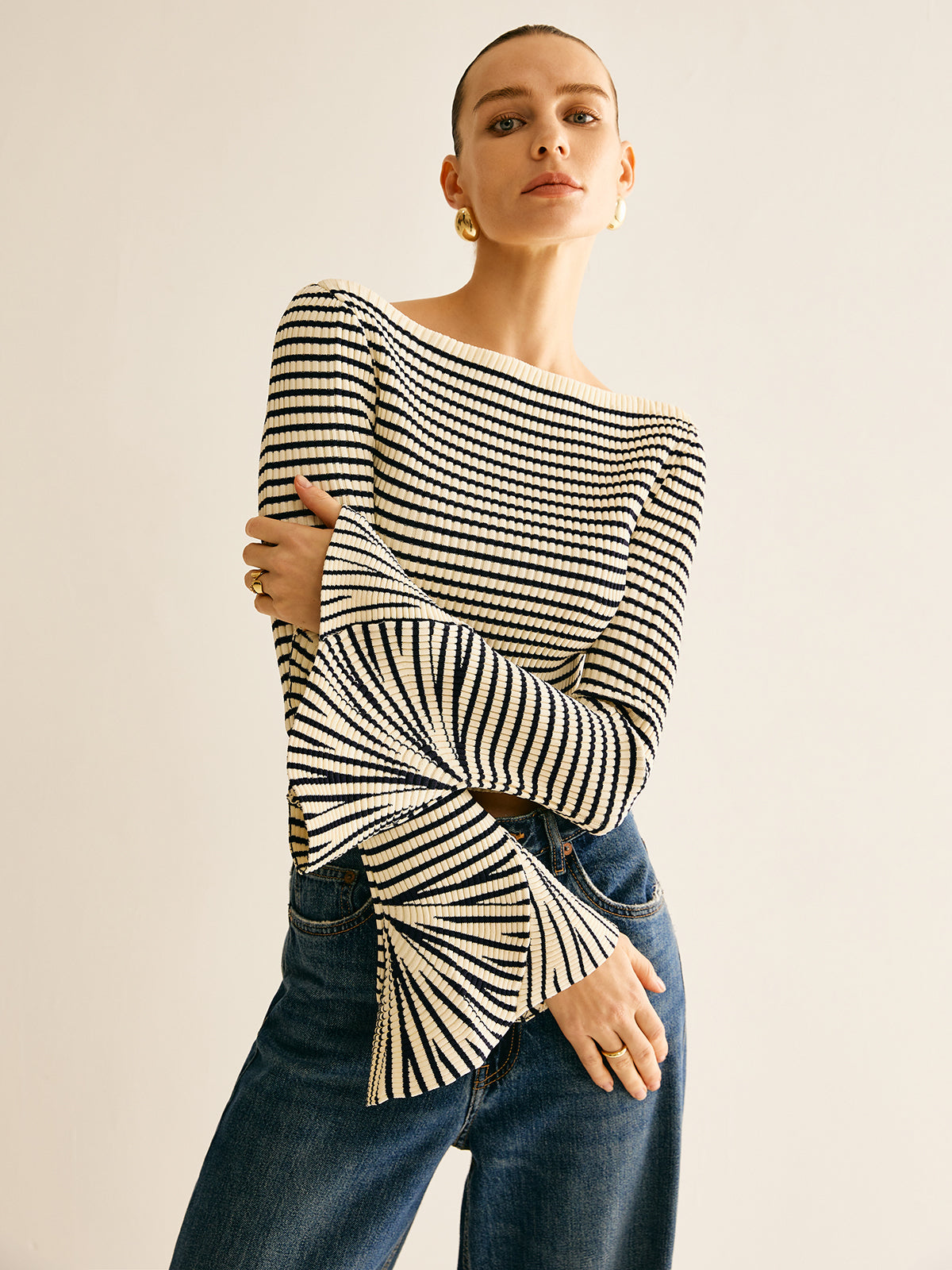 Cold-Shoulder Striped Ruffle-Sleeve Cardigan
