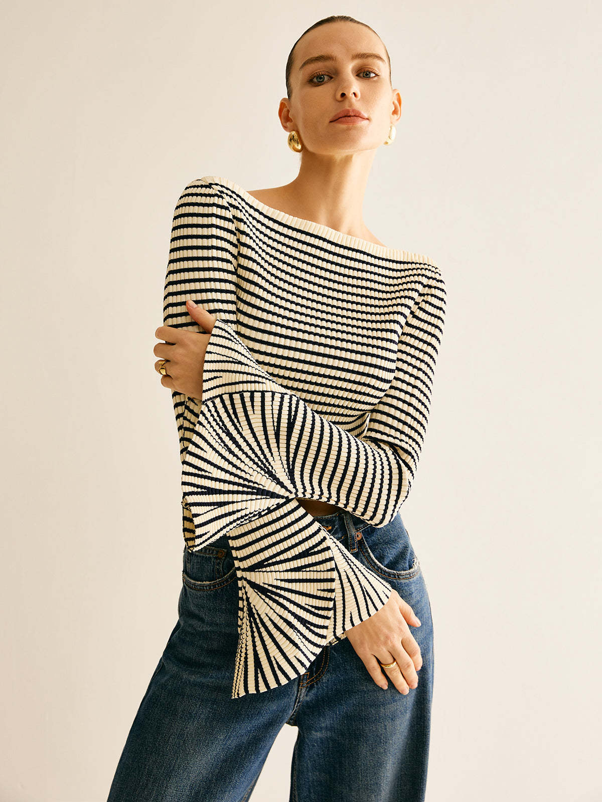 Cold-Shoulder Striped Ruffle-Sleeve Cardigan