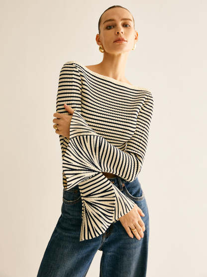 Cold-Shoulder Striped Ruffle-Sleeve Cardigan