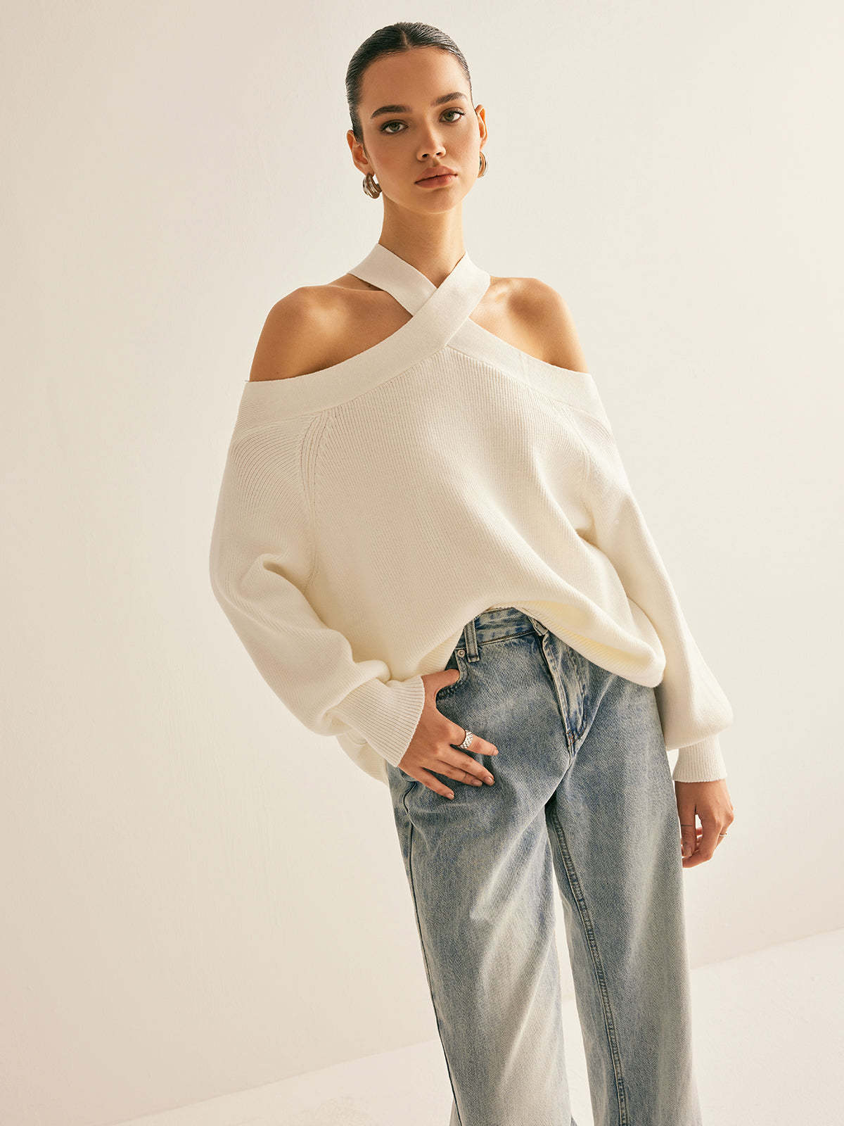 Cross-Over Collar Cold-Shoulder Sweater – J.ING