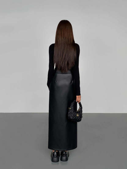 Side Split PU Leather Midi Skirt