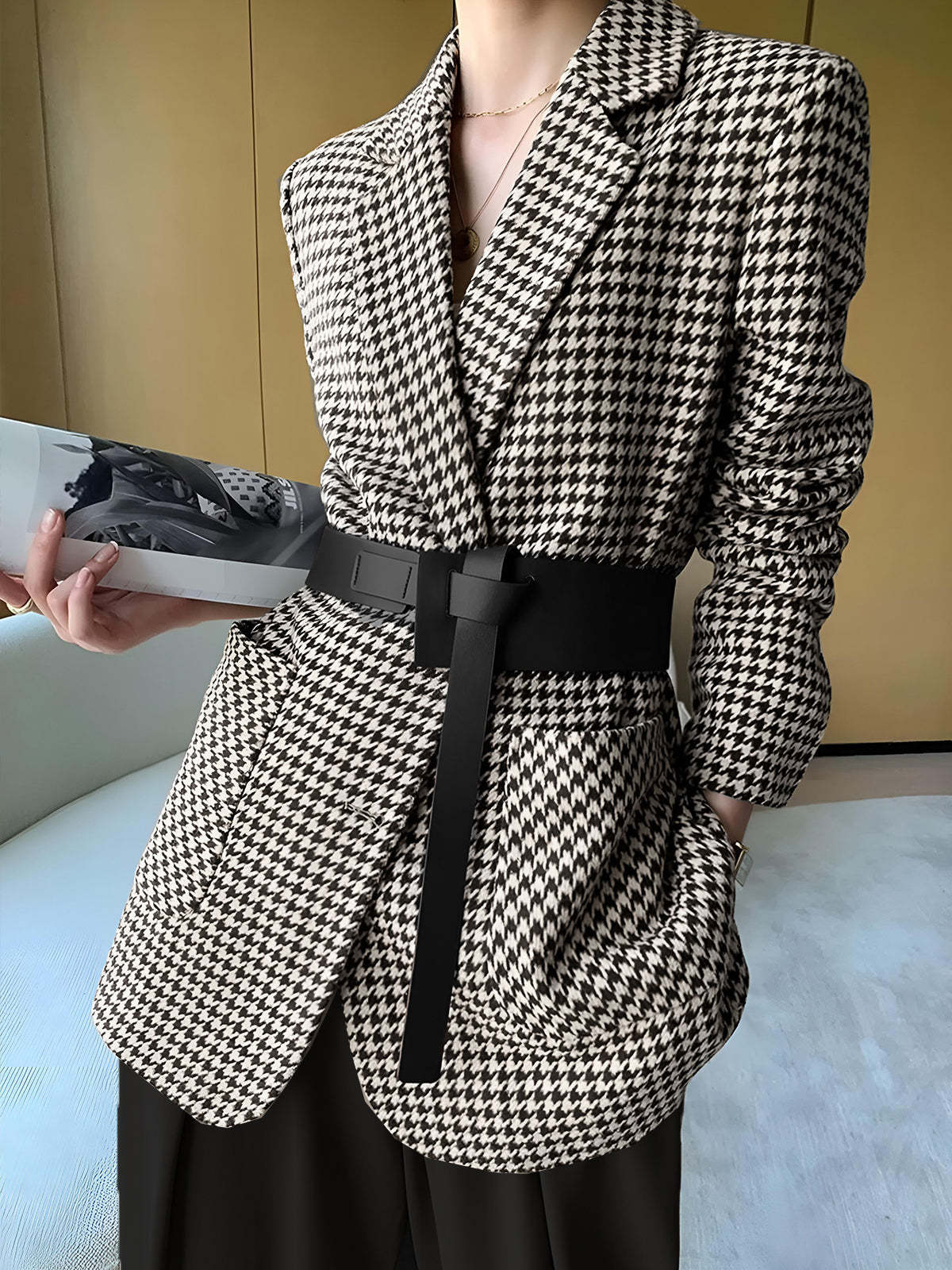Houndstooth Split Blazer With Belt