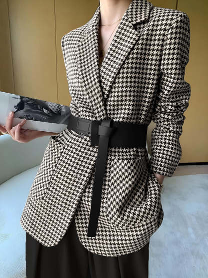 Houndstooth Split Blazer With Belt