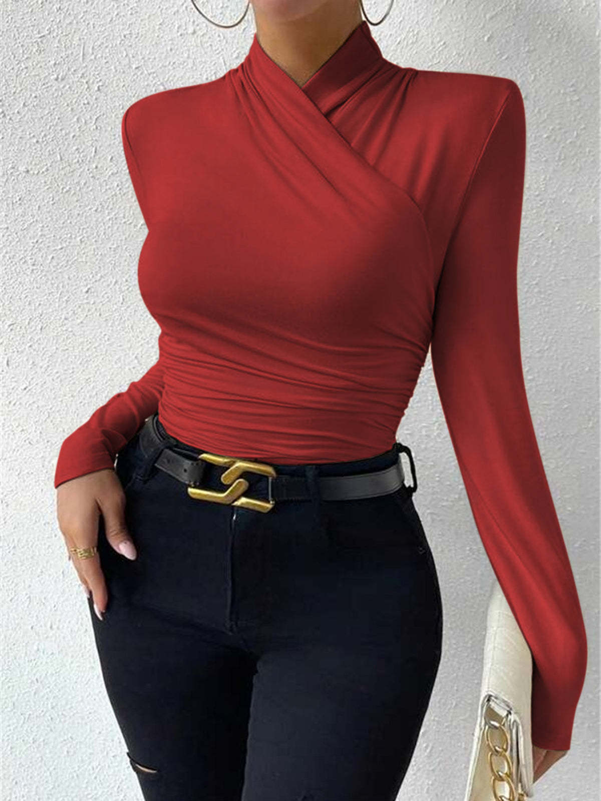 Cross-Over Collar Pleated Cinched T-Shirt